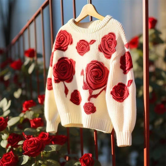 Retro Red Rose Knit Sweater – Loose & Soft Base Layer