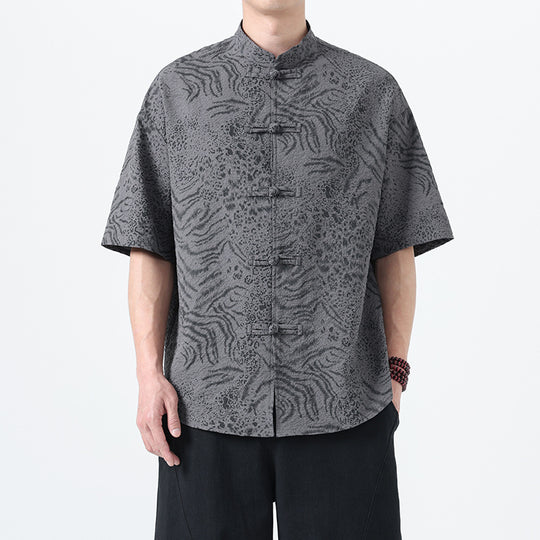 Traditional Tang Suit Short Sleeve Leopard Print Shirt