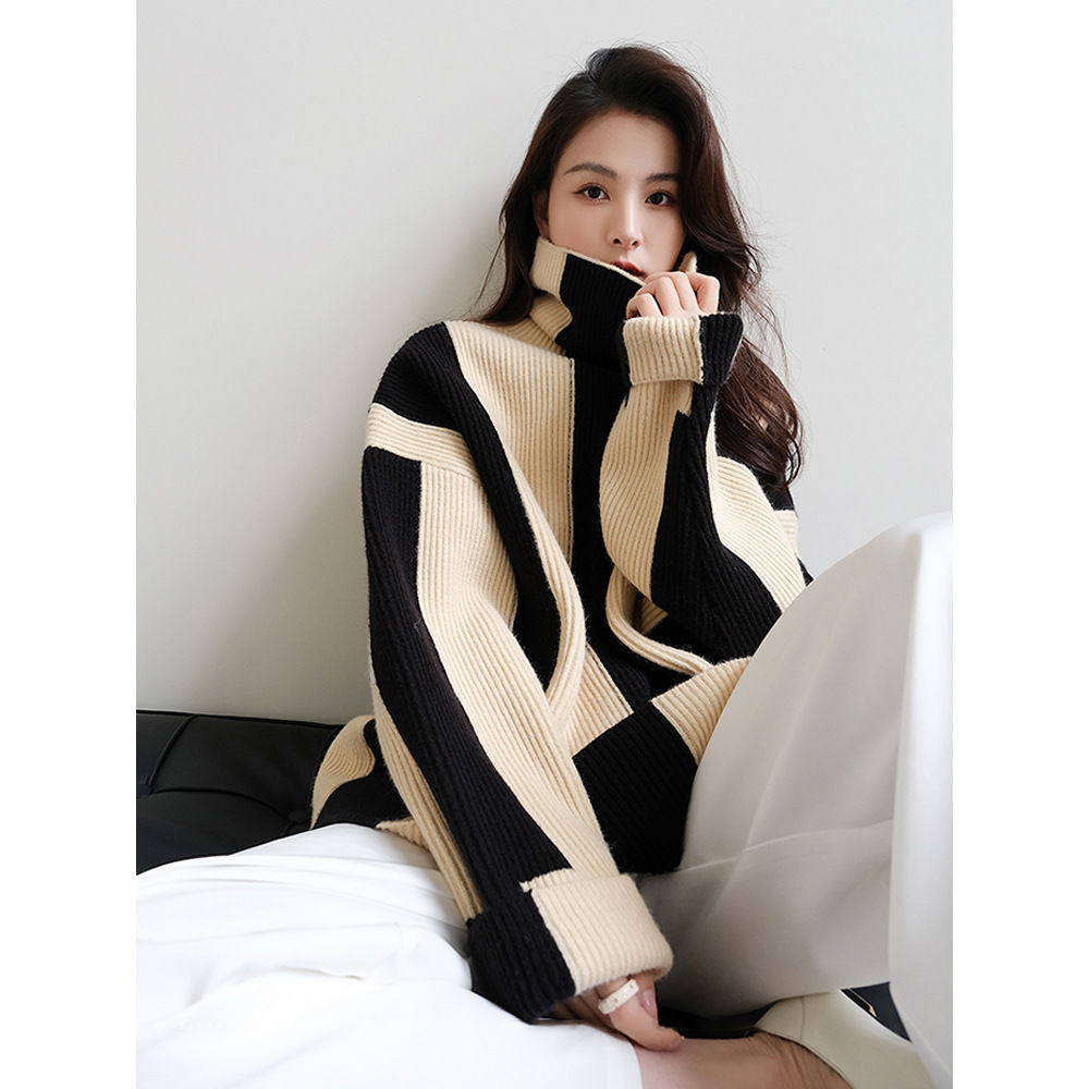 Cozy Striped High-Neck Pullover – Loose Fit with Ruffles