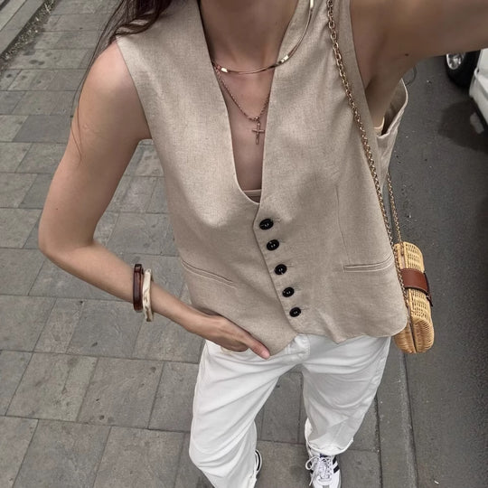 Linen Blend Sleeveless Set