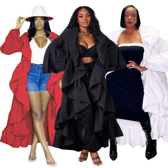 Women's Long Ruffled Shawl Windbreaker