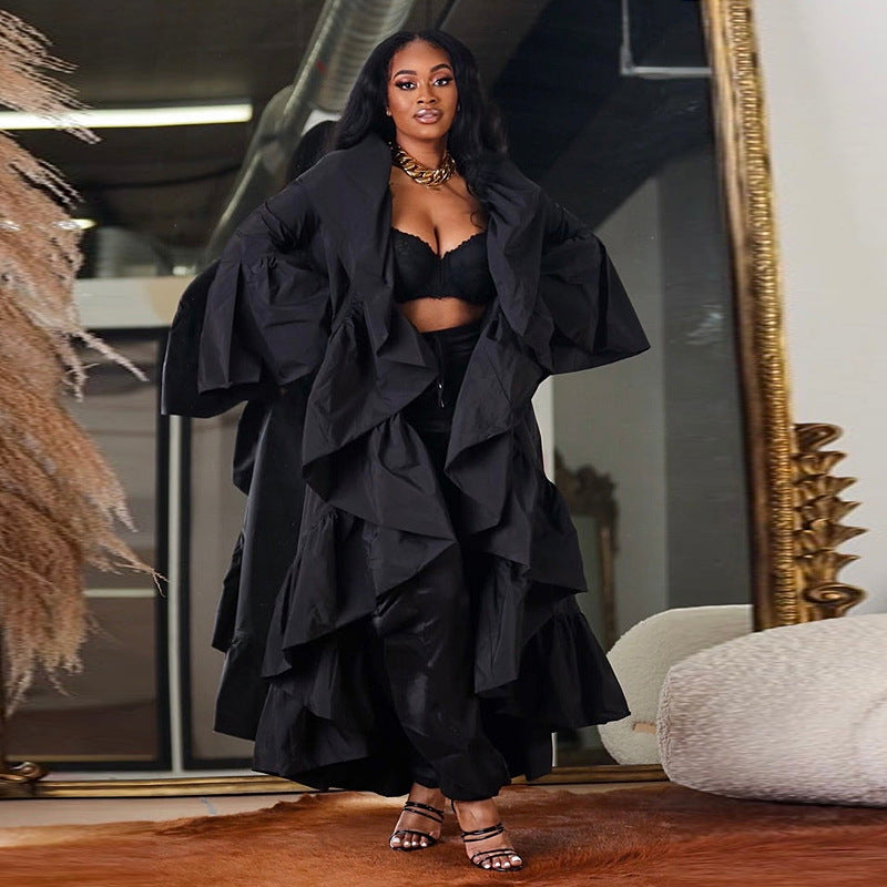 Women's Long Ruffled Shawl Windbreaker