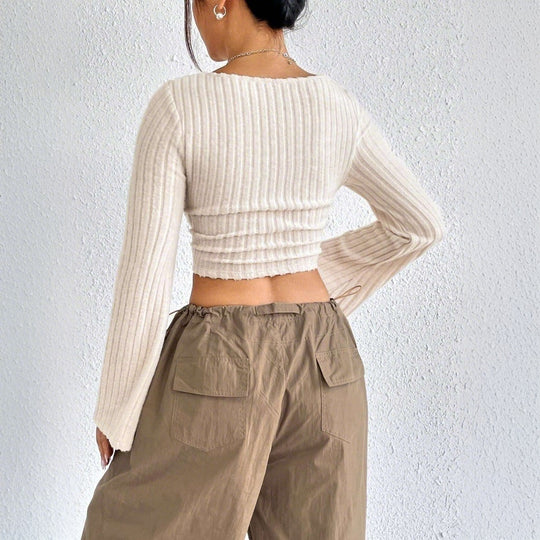 Elegant Square-Neck Trumpet Sleeve Crop Top