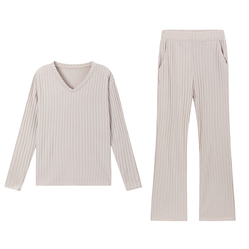 Chic Loose V-Neck Ribbed Knit Set with Straight Pants