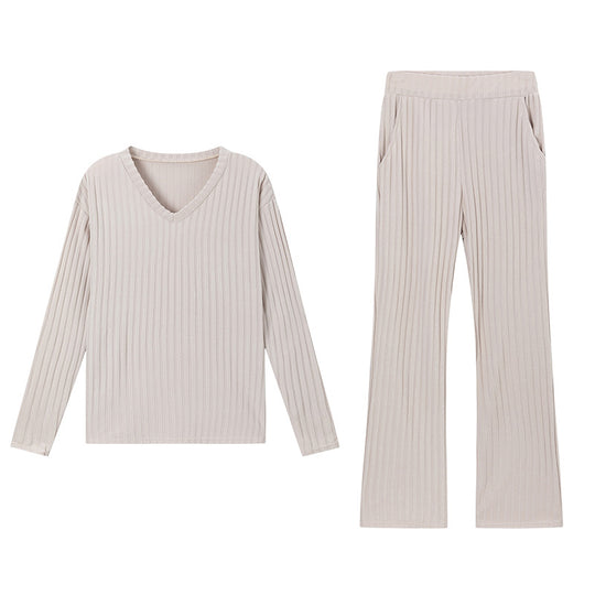Chic Loose V-Neck Ribbed Knit Set with Straight Pants