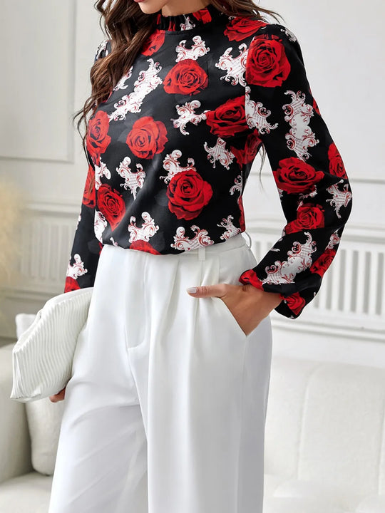 rose printed ruffle collar shirt