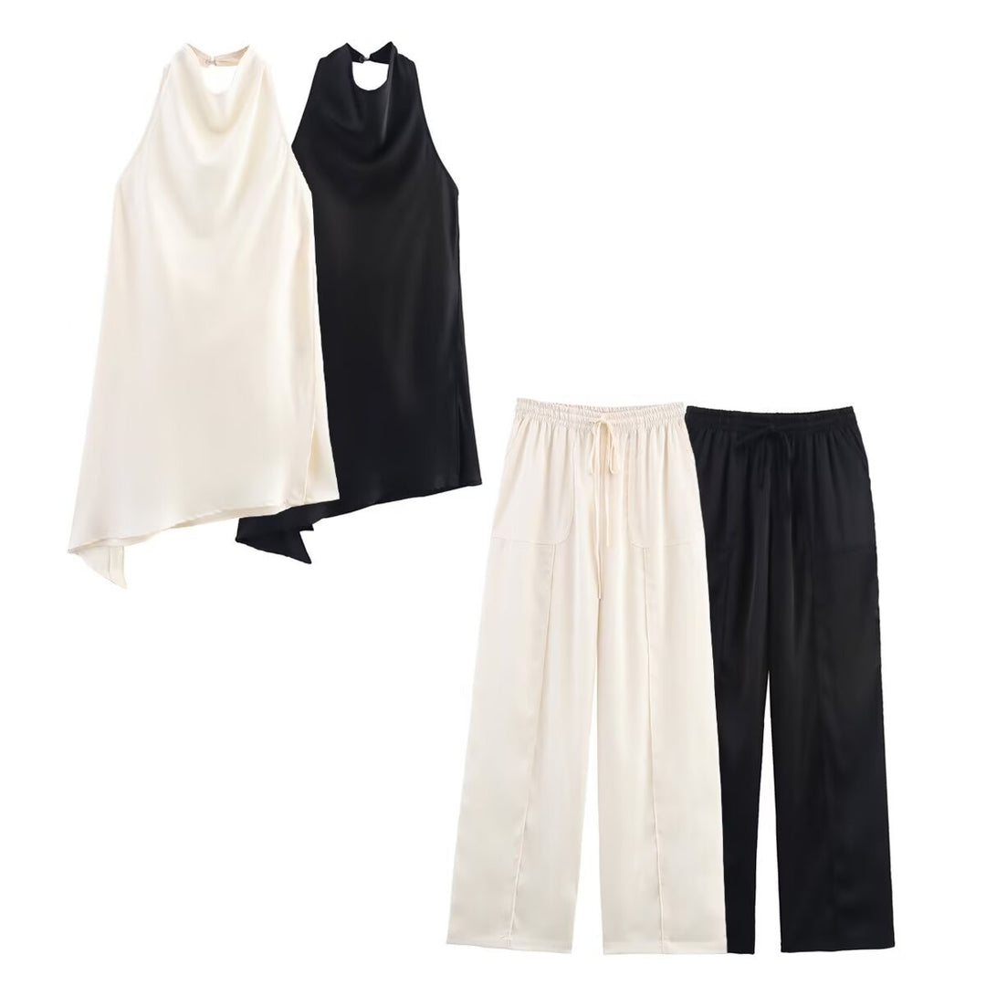Satin Halter & Long Pants Set