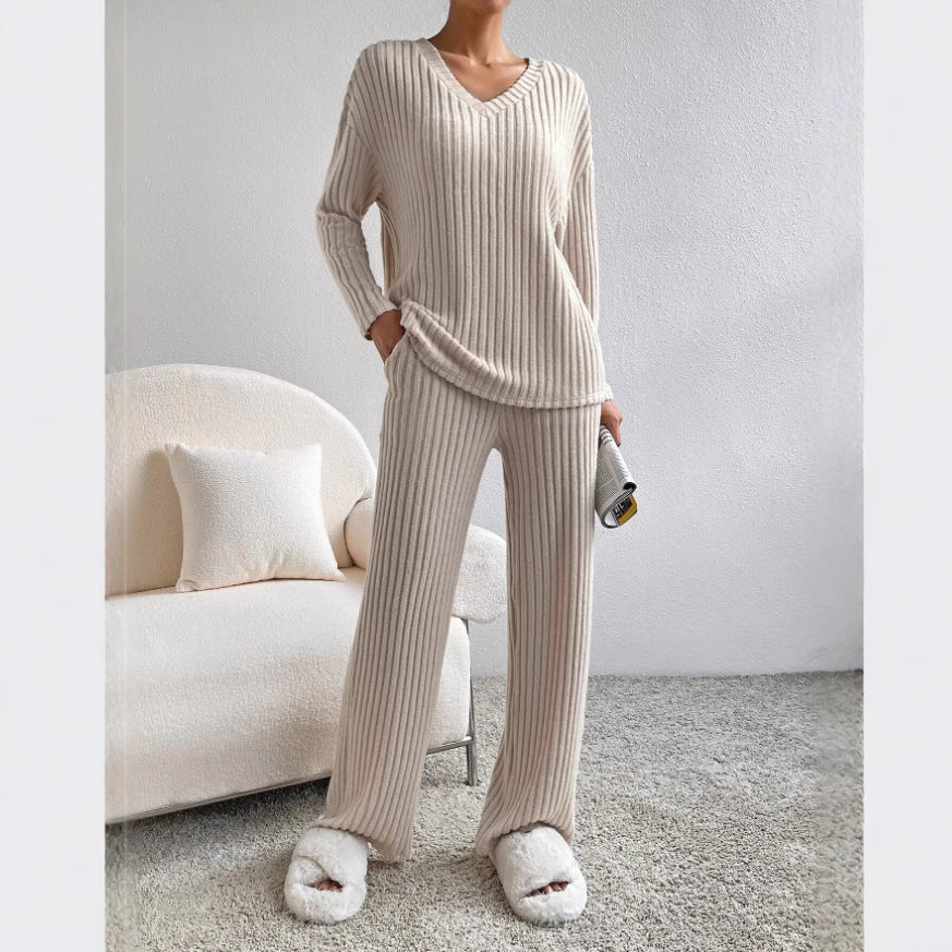 Chic Loose V-Neck Ribbed Knit Set with Straight Pants