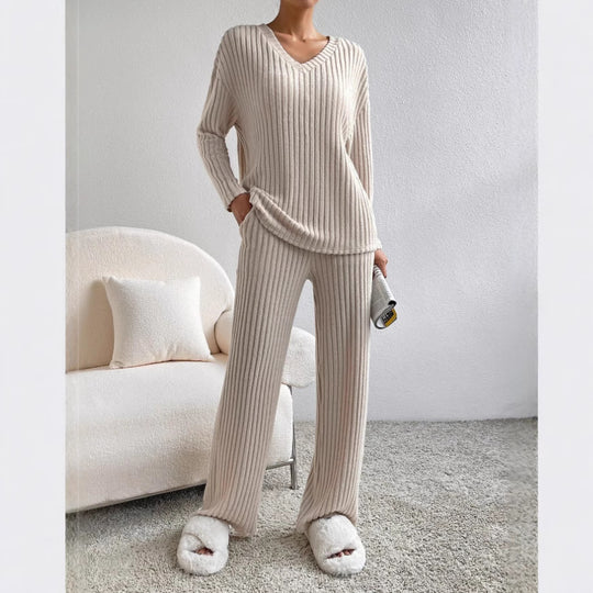 Chic Loose V-Neck Ribbed Knit Set with Straight Pants