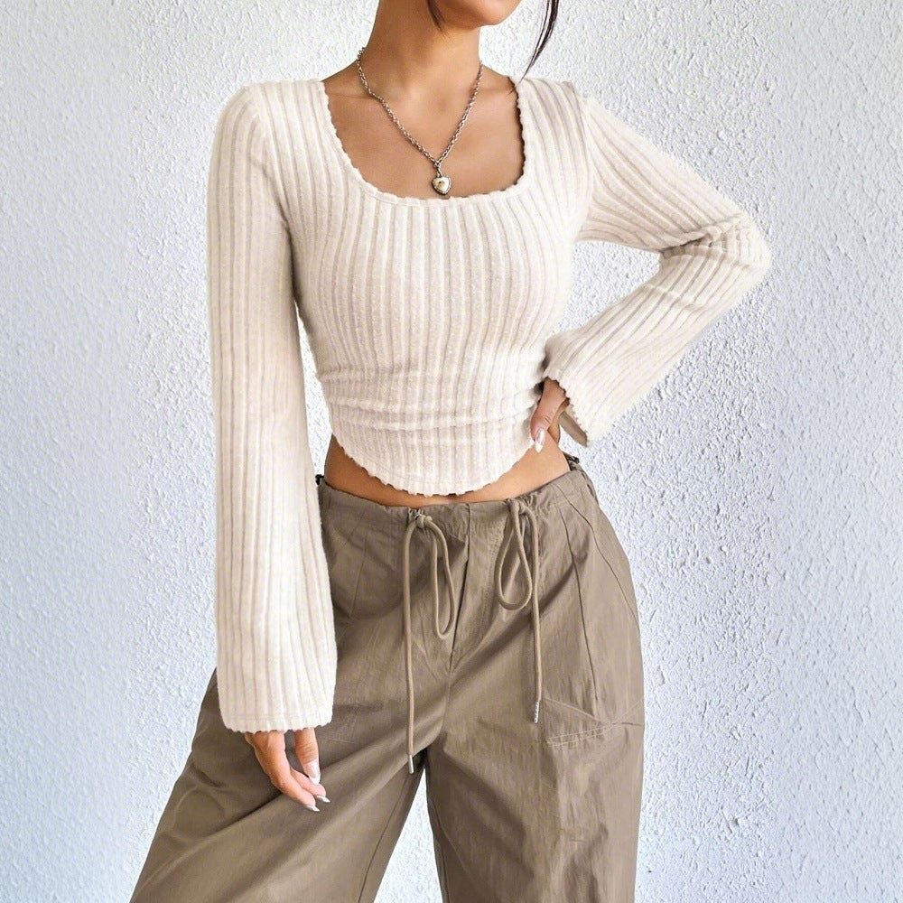 Elegant Square-Neck Trumpet Sleeve Crop Top