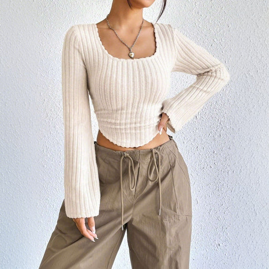 Elegant Square-Neck Trumpet Sleeve Crop Top