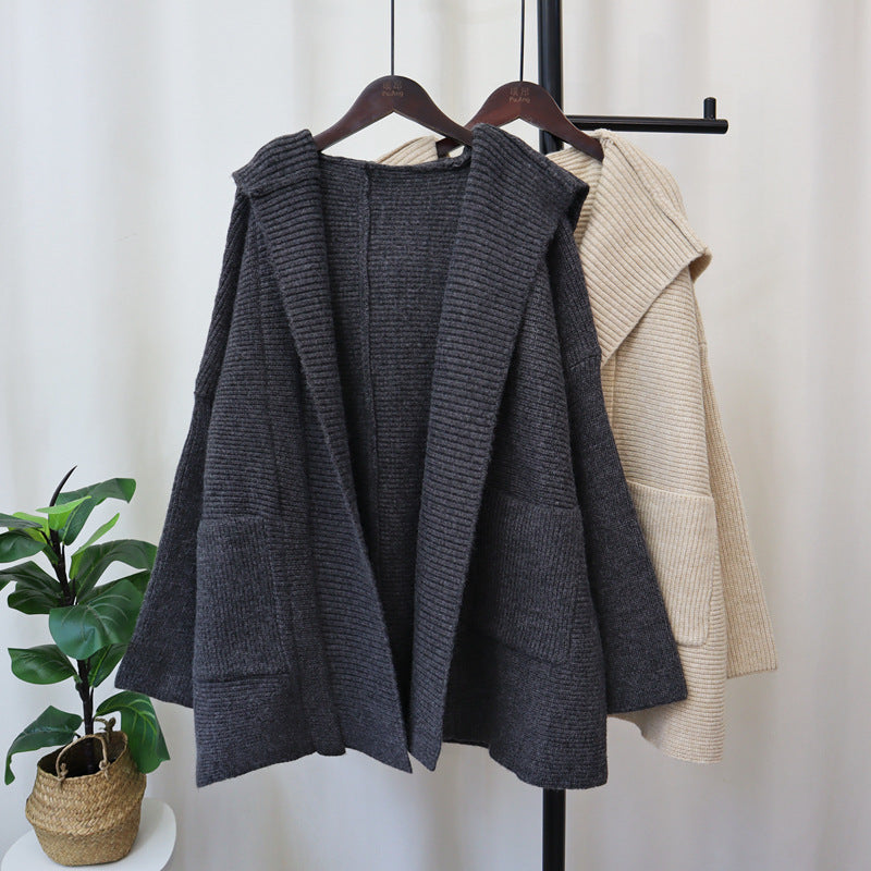 Women’s Hooded Knitted Cardigan – Loose Fit, Elegant & Casual Sweater Jacket