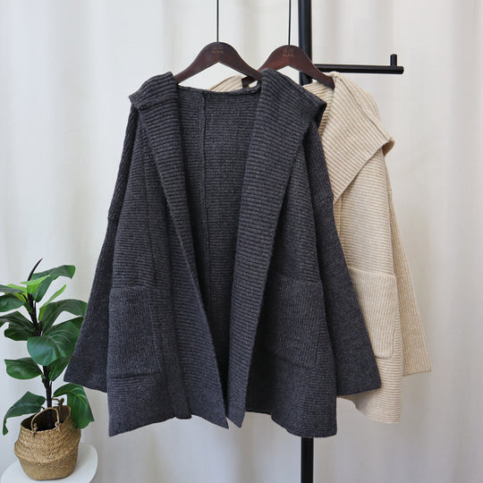 Women’s Hooded Knitted Cardigan – Loose Fit, Elegant & Casual Sweater Jacket