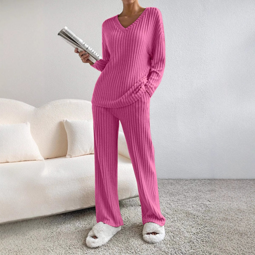 Chic Loose V-Neck Ribbed Knit Set with Straight Pants