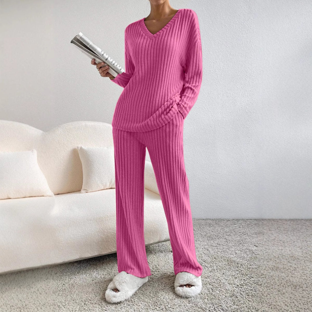Chic Loose V-Neck Ribbed Knit Set with Straight Pants