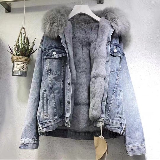 Korean-Style Denim Fur Collar Coat