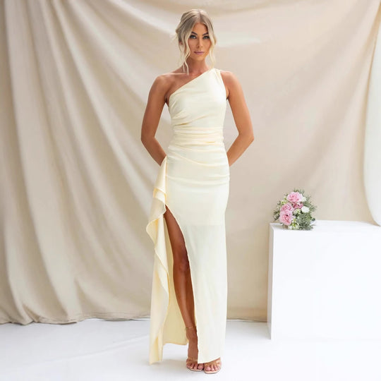 Veloura One-Shoulder Slit Evening Dress