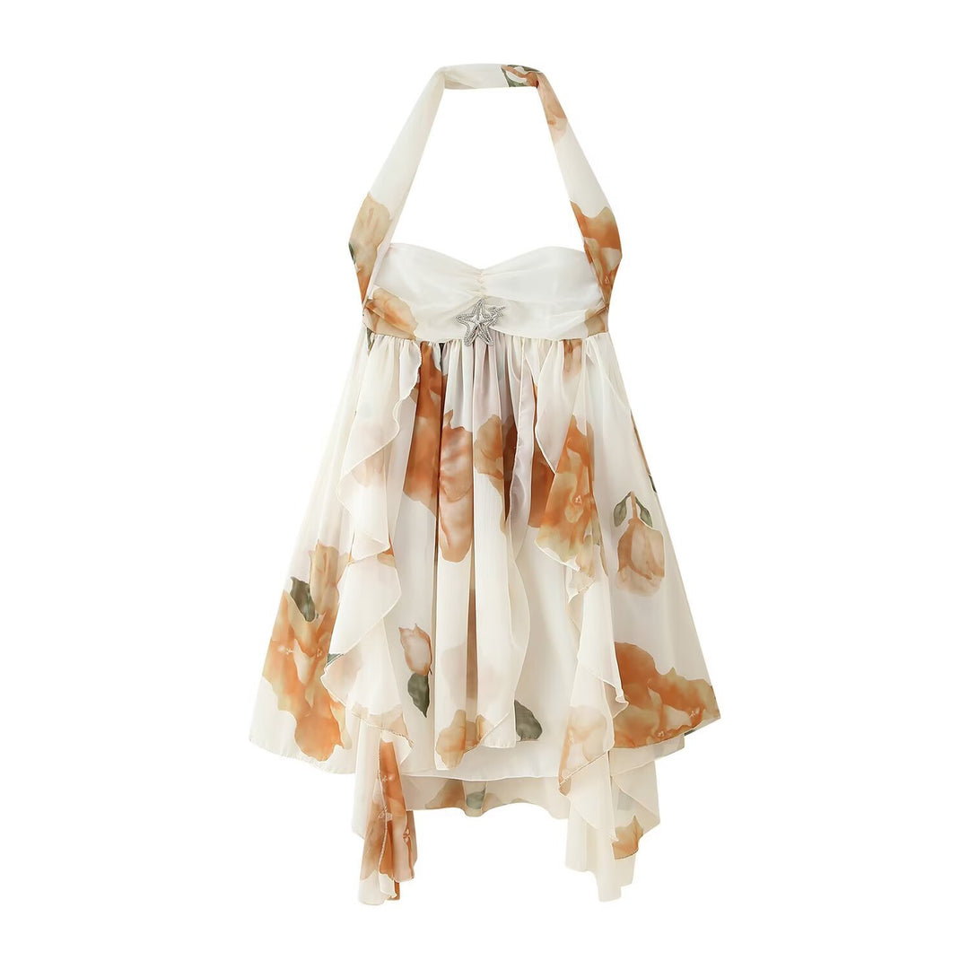 Halter Neck Backless Floral Print Dress