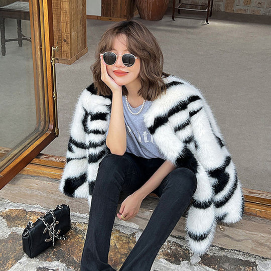 Zebra Pattern Faux Fur Winter Coat