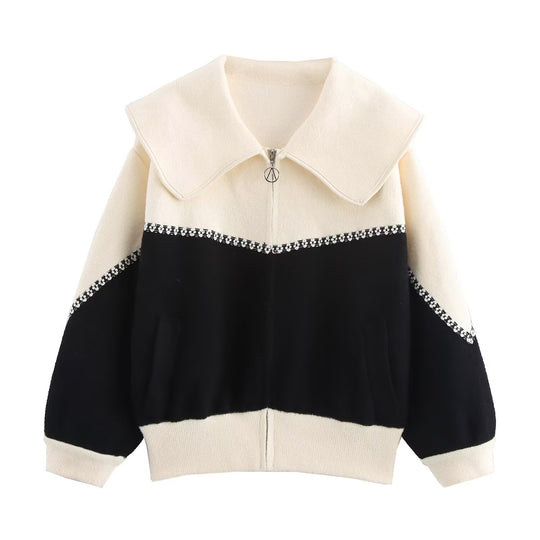 Women's Color-Block Collar Zipper Cardigan – Loose Knit Sweater