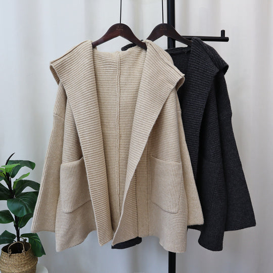Women’s Hooded Knitted Cardigan – Loose Fit, Elegant & Casual Sweater Jacket
