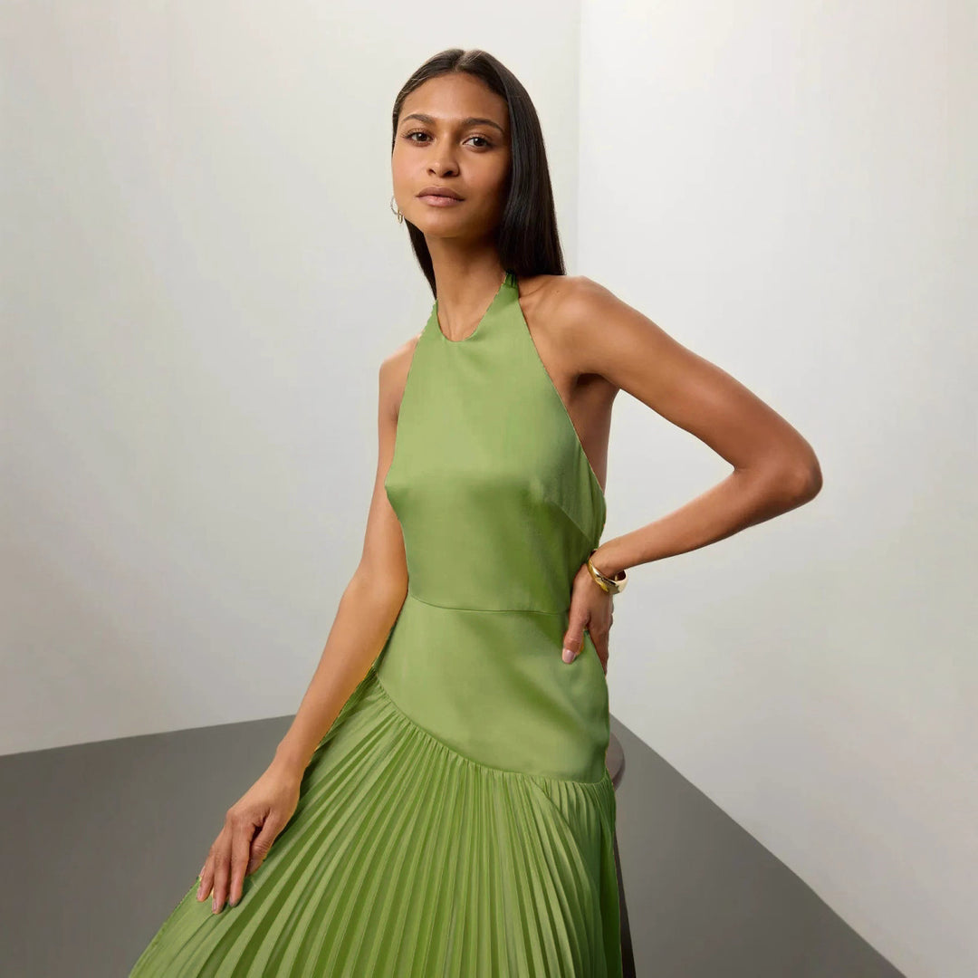 Sunset Grace Pleated Halter Maxi Dress