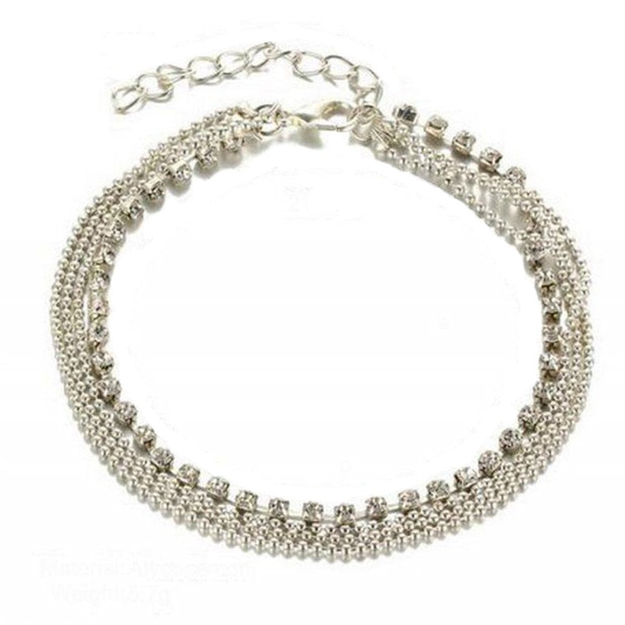 Multi-Layer Silver Crystal Ball Anklet