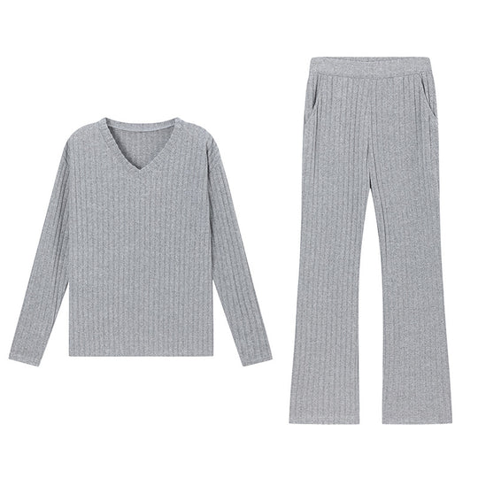 Chic Loose V-Neck Ribbed Knit Set with Straight Pants