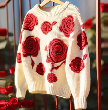 Retro Red Rose Knit Sweater – Loose & Soft Base Layer