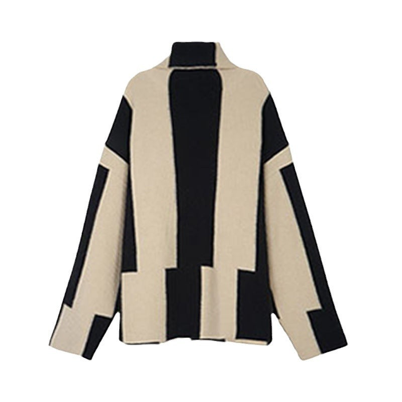 Cozy Striped High-Neck Pullover – Loose Fit with Ruffles
