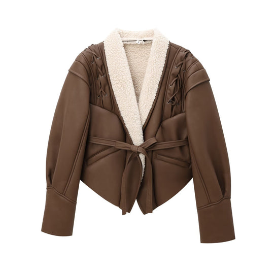 Women’s Suede Waist-Tie Jacket – European Style