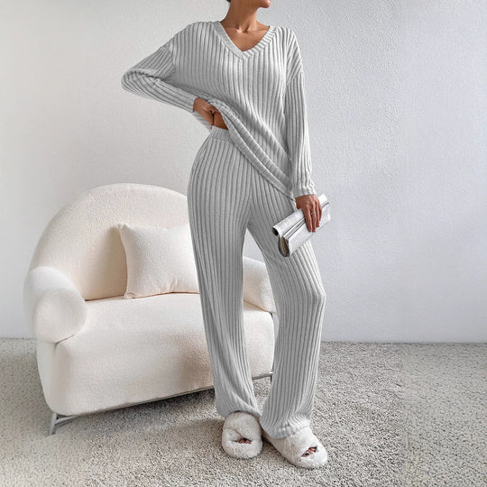 Chic Loose V-Neck Ribbed Knit Set with Straight Pants