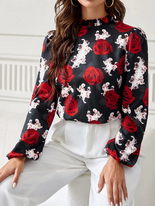 rose printed ruffle collar shirt