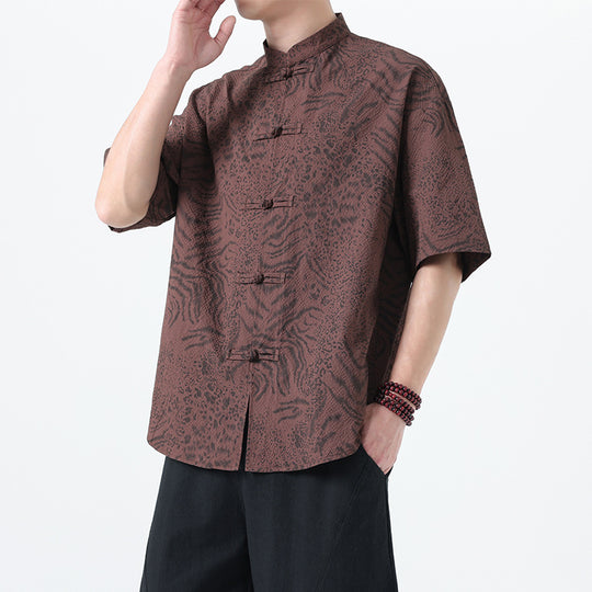 Traditional Tang Suit Short Sleeve Leopard Print Shirt