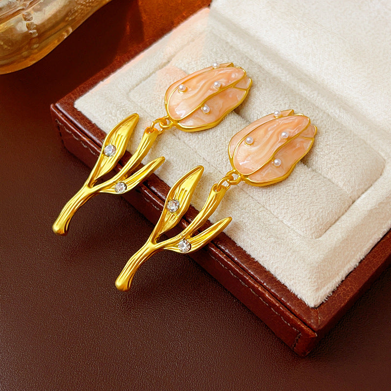 Oil dripping tulip pearl earrings