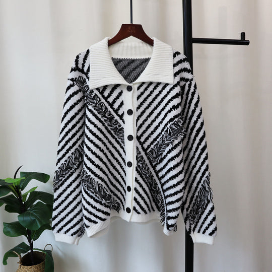 Striped Polo Collar Knitted Cardigan – Loose Fit with Tassel Detail