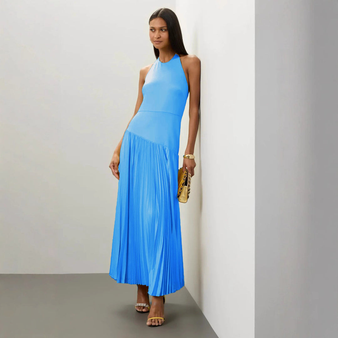 Sunset Grace Pleated Halter Maxi Dress