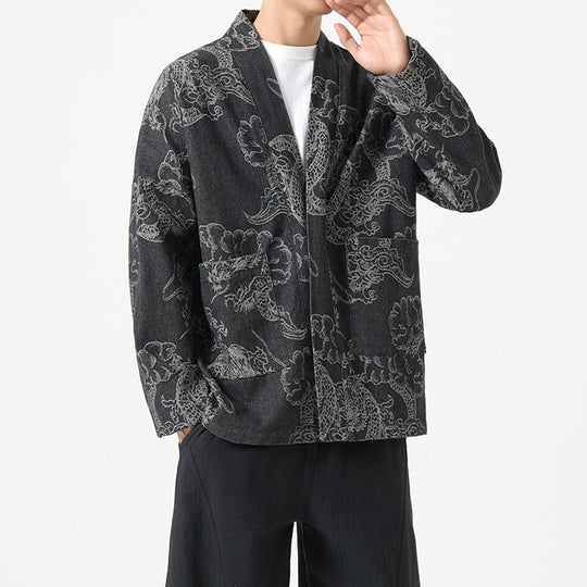 Men’s Loose Fit Denim Jacket – Dragon Robe Print, Chinese Style