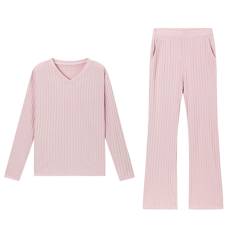 Chic Loose V-Neck Ribbed Knit Set with Straight Pants