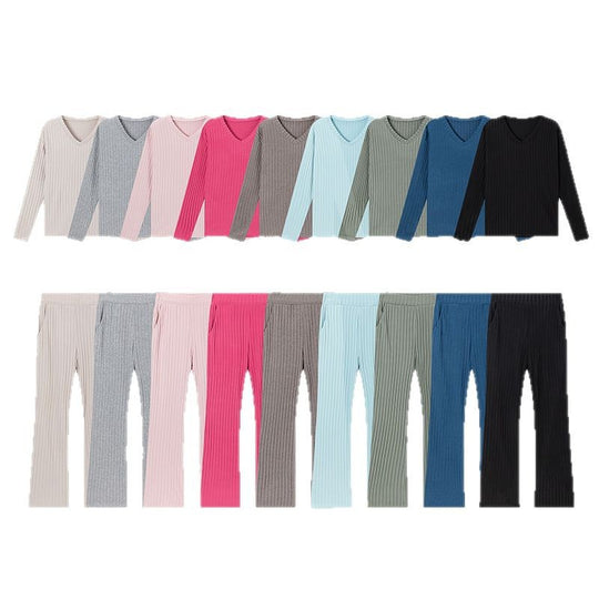 Chic Loose V-Neck Ribbed Knit Set with Straight Pants