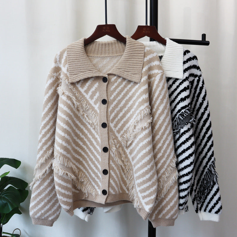 Striped Polo Collar Knitted Cardigan – Loose Fit with Tassel Detail