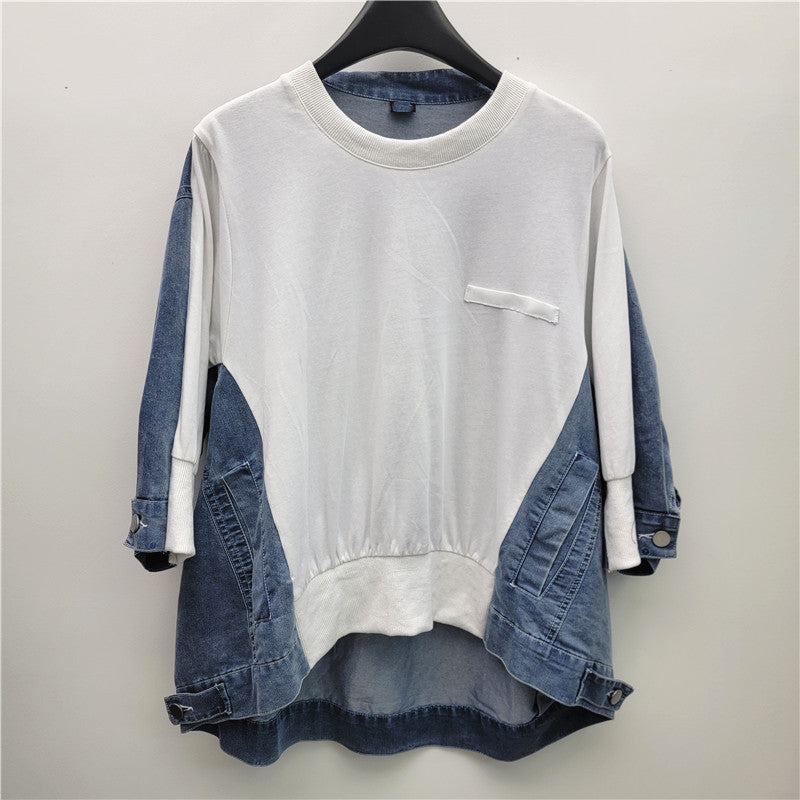 Retro Patchwork Denim Batwing Top
