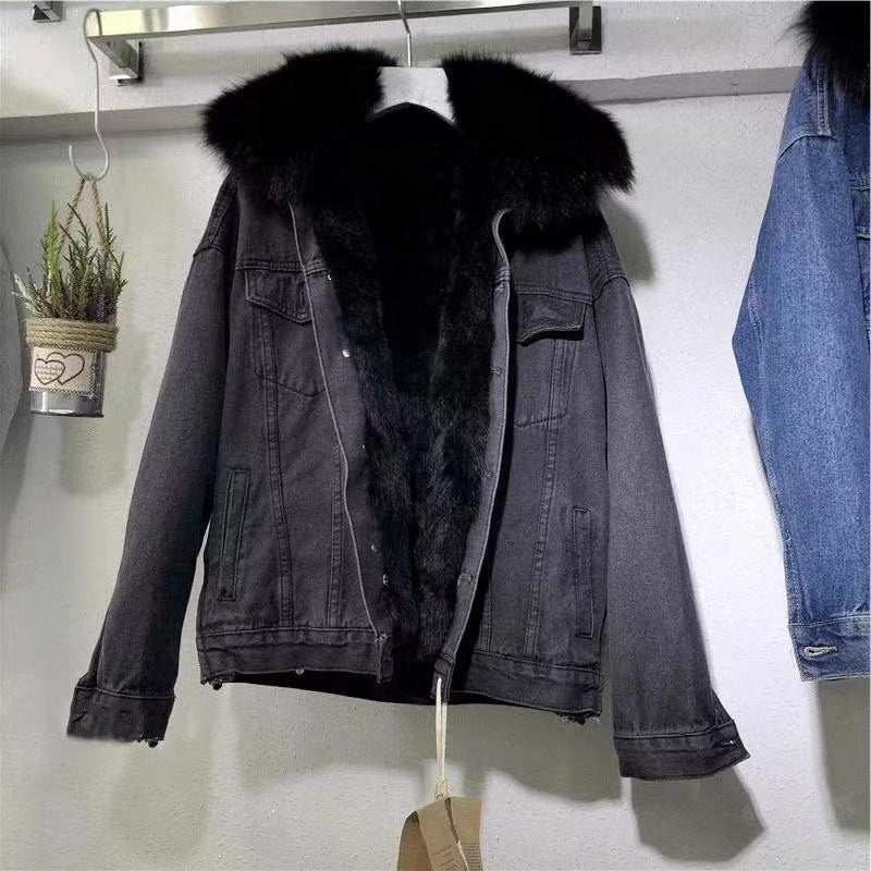 Korean-Style Denim Fur Collar Coat