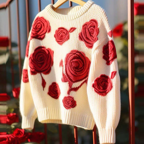 Retro Red Rose Knit Sweater – Loose & Soft Base Layer