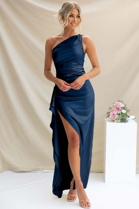 Veloura One-Shoulder Slit Evening Dress