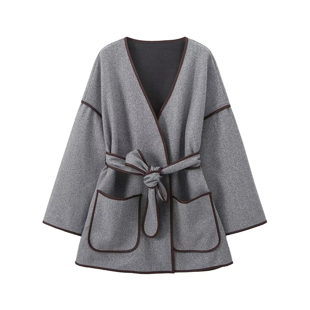 Vintage gray waistband coat woolen coat