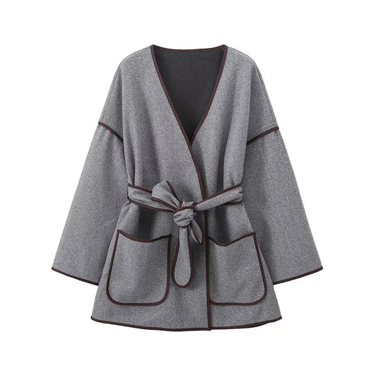 Vintage gray waistband coat woolen coat