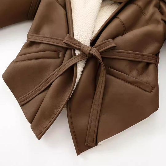 Women’s Suede Waist-Tie Jacket – European Style