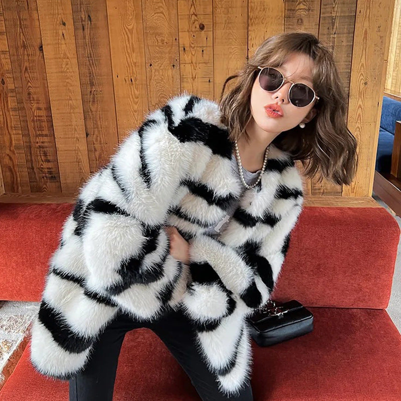 Zebra Pattern Faux Fur Winter Coat