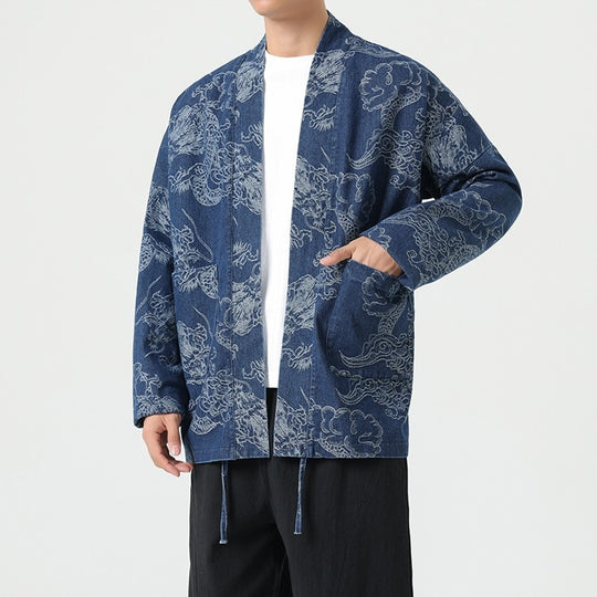 Men’s Loose Fit Denim Jacket – Dragon Robe Print, Chinese Style